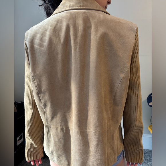 Vintage AMI Preppy Suede Leather Tan Zip Up Jacket Cotton sleeves Large - XL - Picture 5 of 12